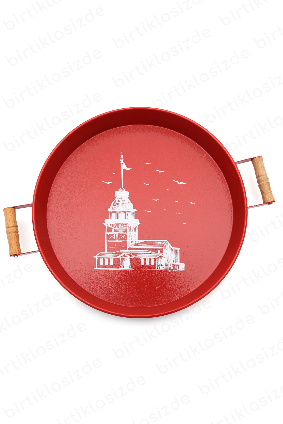 Kitchen Trend Kız Kulesi 37 cm Ahşap Kulplu Metal Kırmızı Tepsi
