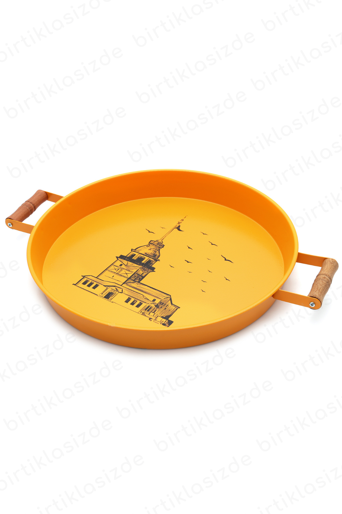 Kitchen Trend Kız Kulesi 37 cm Ahşap Kulplu Metal Sarı Tepsİ