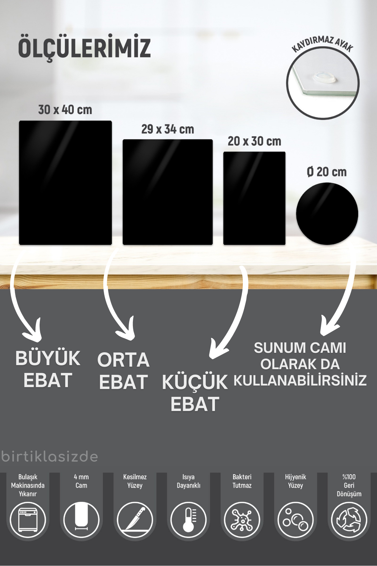 Kitchen Trend Siyah Cam Kesme Tahtası Cam Sunum Tahtası 30x40 Cm
