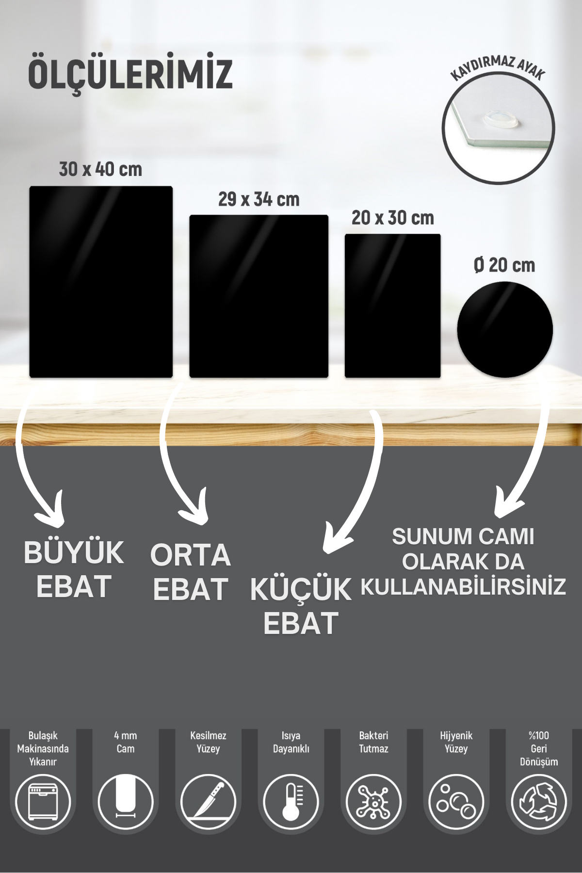Kitchen Trend Siyah Cam Kesme Tahtası Cam Sunum Tahtası 20x30 Cm