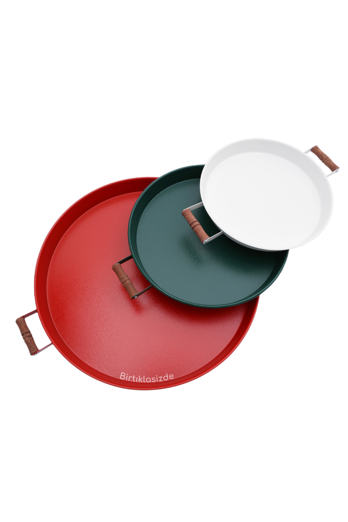 Kitchen Trend 3 Lü Ahşap Kulplu Metal Tepsi Çay tepsisi Kahve Tepsisi Sunum Tepsi Seti(Kırmızı,Yeşil,Beyaz)