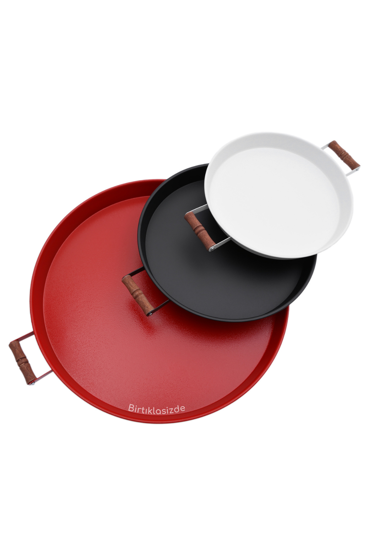 Kitchen Trend 3 Lü Ahşap Kulplu Metal Tepsi Çay tepsisi Kahve Tepsisi Sunum Tepsi Seti(Kırmızı, Siyah,Beyaz)