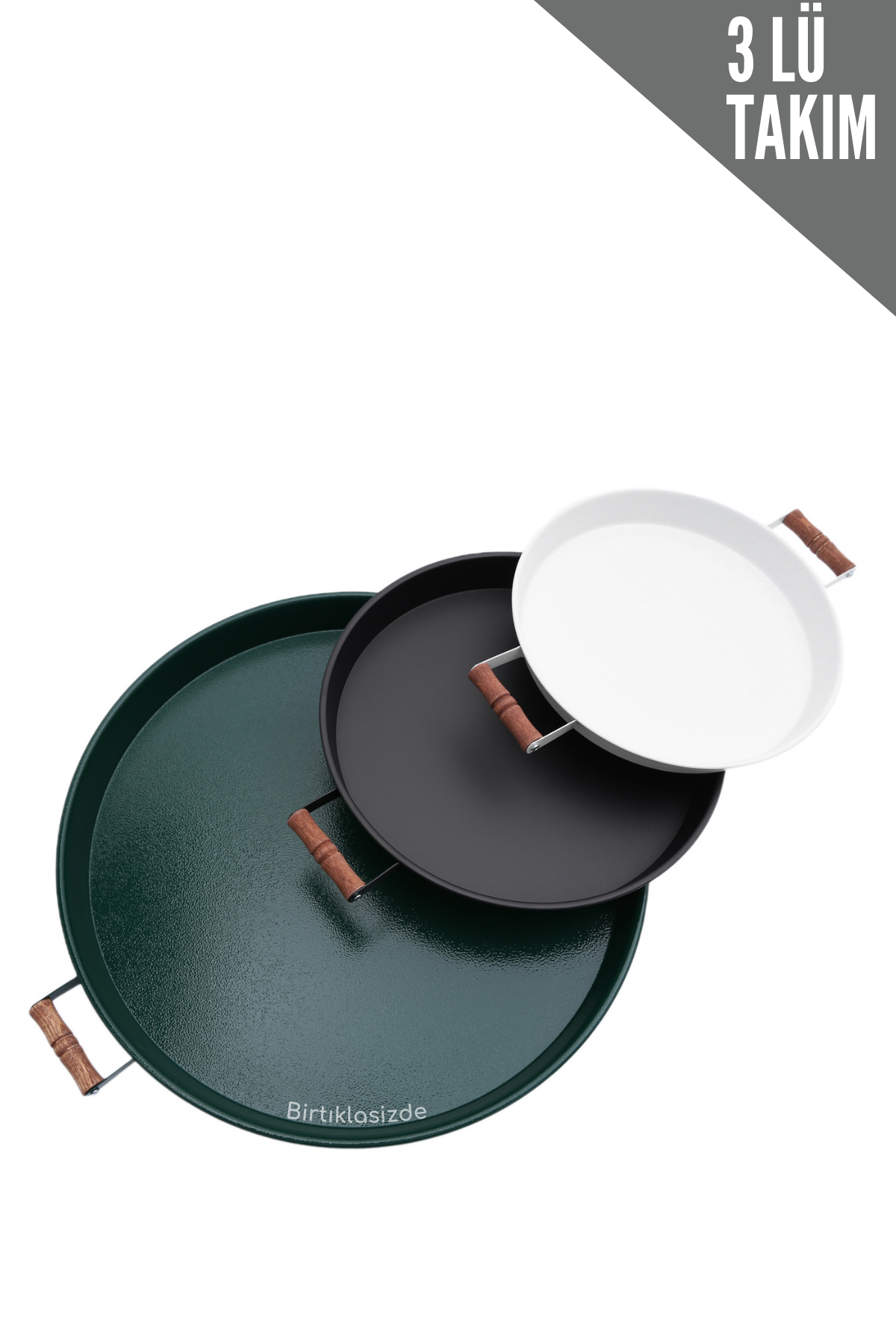 Kitchen Trend 3 Lü Ahşap Kulplu Metal Tepsi Çay tepsisi Kahve Tepsisi Sunum Tepsi Seti(Yeşil,Siyah,Beyaz)