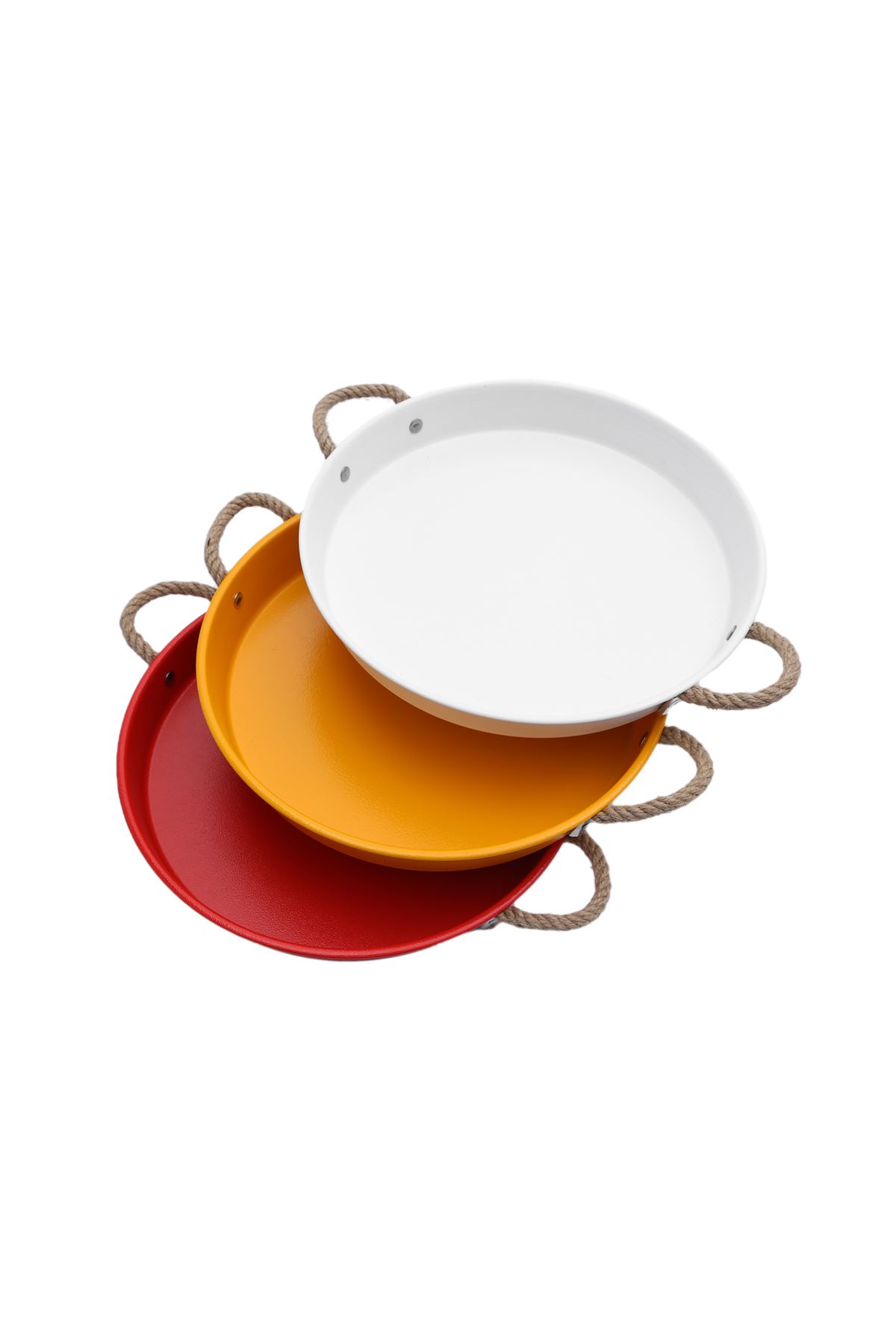 Kitchen Trend 3 Lü 37 Cm (Beyaz, Sarı, Kırmızı) Halat Kulplu Metal Tepsi Çay tepsisi Kahve Tepsisi